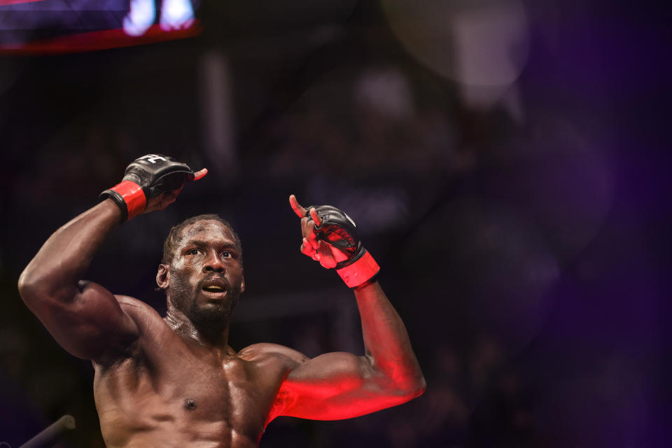 HOUSTON, TEXAS - FEBRUARY 12: Jared Cannonier reacts after winning his middleweight fight against Derek Brunson via second round knockout at UFC 271 at Toyota Center on February 12, 2022 in Houston, Texas.  (Photo by Carmen Mandato/Getty Images)