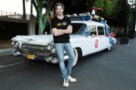 <p>Jason Reitman introduces a screening of the original <i>Ghostbusters —</i> directed by his father, Ivan — at the Sony Pictures drive-in theatre on Sunday in Culver City, Calif. </p>