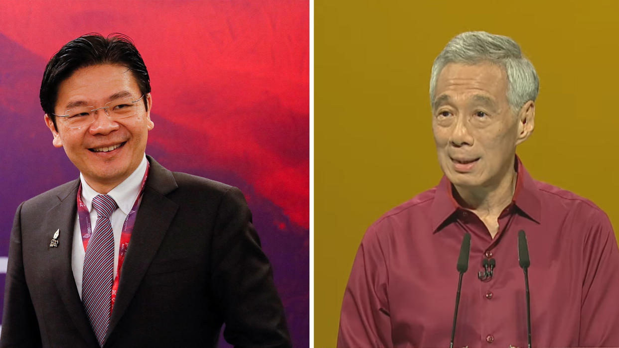 Composite image of DPM Lawrence Wong at the G20 and PM Lee at the National Day Rally 2022. (PHOTO/SCREENSHOT: Reuters, Prime Minister's Office YouTube)