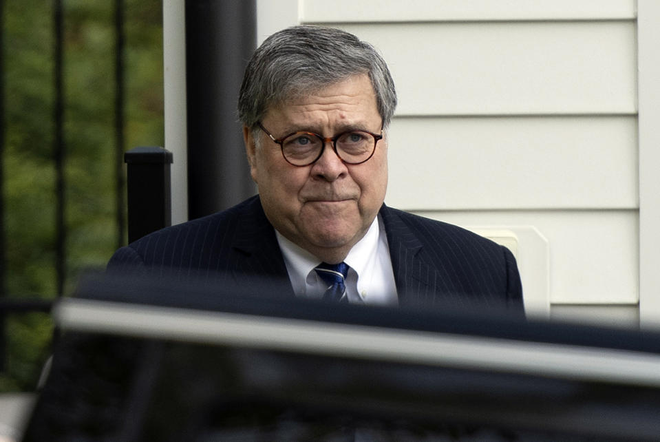 Attorney General William Barr leaves his home in McLean, Va., on Wednesday morning, April 17, 2019. Special counsel Robert Mueller's redacted report on Russian interference in the 2016 election is expected to be released publicly on Thursday and has said he is redacting four types of information from the report. Congressional Democrats are demanding to see the whole document and its evidence. (AP Photo/Sait Serkan Gurbuz)