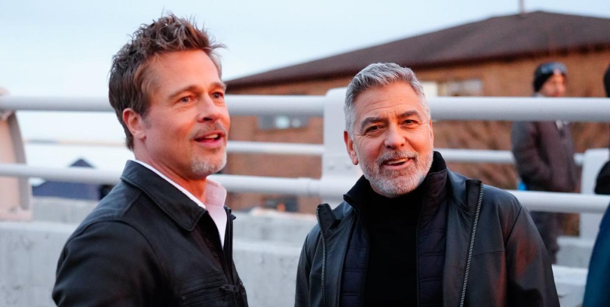 brad pitt and george clooney on location for wolves on february 13, 2023 in new york city