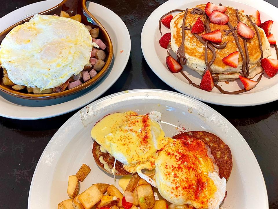 Strawberry Nutella pancakes, eggs Benedict and Oink! Skillet from Brunch in Daytona Beach.