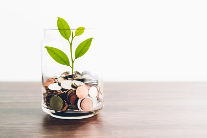 A glass jar full of coins with a green plant growing out of it.