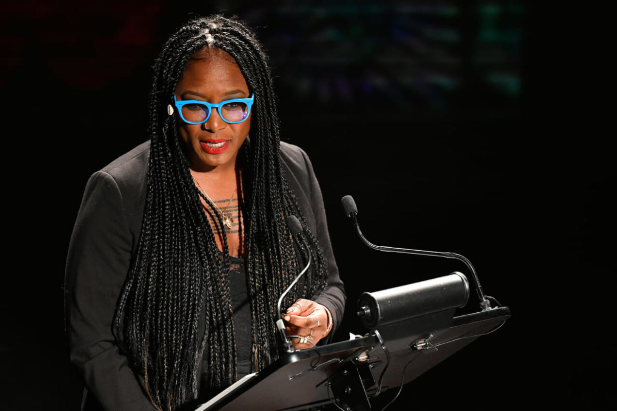 Alicia Garza speaks onstage as Audible presents: “In Love and Struggle” at Audible’s Minetta Lane Theater on February 29, 2020 in New York City. (Photo by Craig Barritt/Getty Images for Audible)