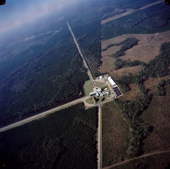 An aerial view of the Laser Interferometer Gravitational-Wave Observatory (LIGO) facility in Livingston, La.