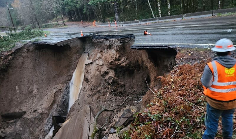 SR503 near Cougar, Washington was closed from water over the roadway and damage underneath, December 5, 2023 (WSDOT)
