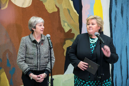 British Prime Minister Theresa May and Norwegian Prime Minister Erna Solberg meet the press at the Parliament in Oslo, Norway, October 30, 2018. Picture taken October 30, 2018. Vidar Ruud/NTB Scanpix/via REUTERS