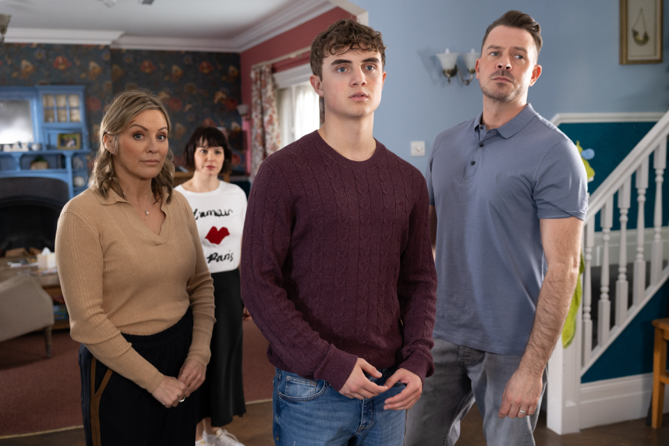 Suzanne Ashworth, Nancy Osborne, JJ Osborne and Darren Osborne in Hollyoaks