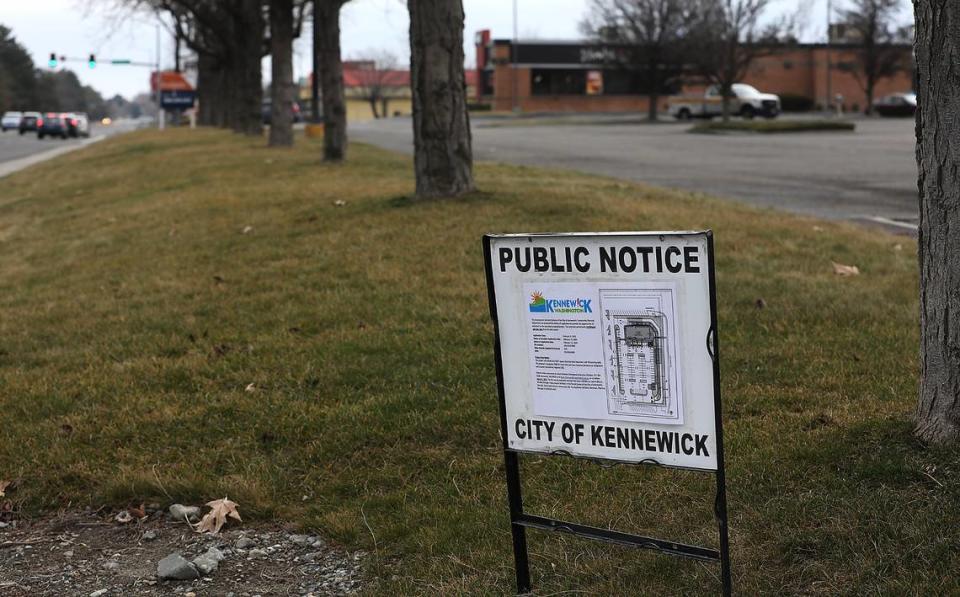 A public notice for the new site of a Chick-fil-A has been posted by the city of Kennewick along West Canal Drive.