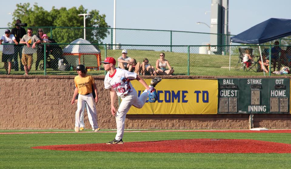 Lincoln Vasgaard delivers a pitch for Lincoln in their state title win over Mitchell at the Birdcage.