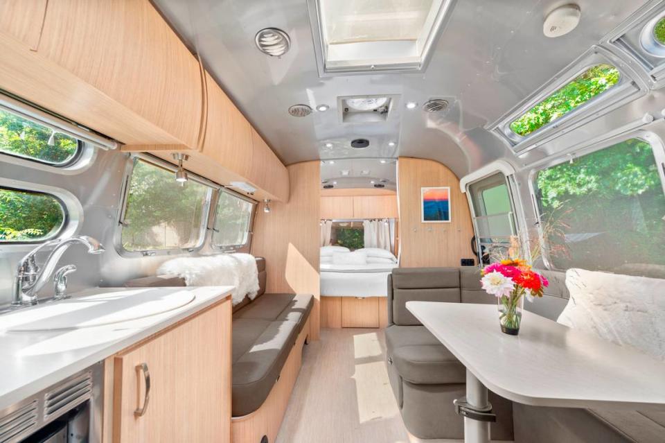 The interior of an airstream at Asheville River Cabins in Arden, NC.