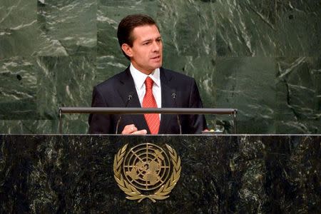 Mexican President Enrique Pena Nieto addresses the audience during a special session on global strategy in the war on drugs at the United Nations General Assembly in New York, United States, April 19, 2016. Mexico Presidency/Handout via REUTERS