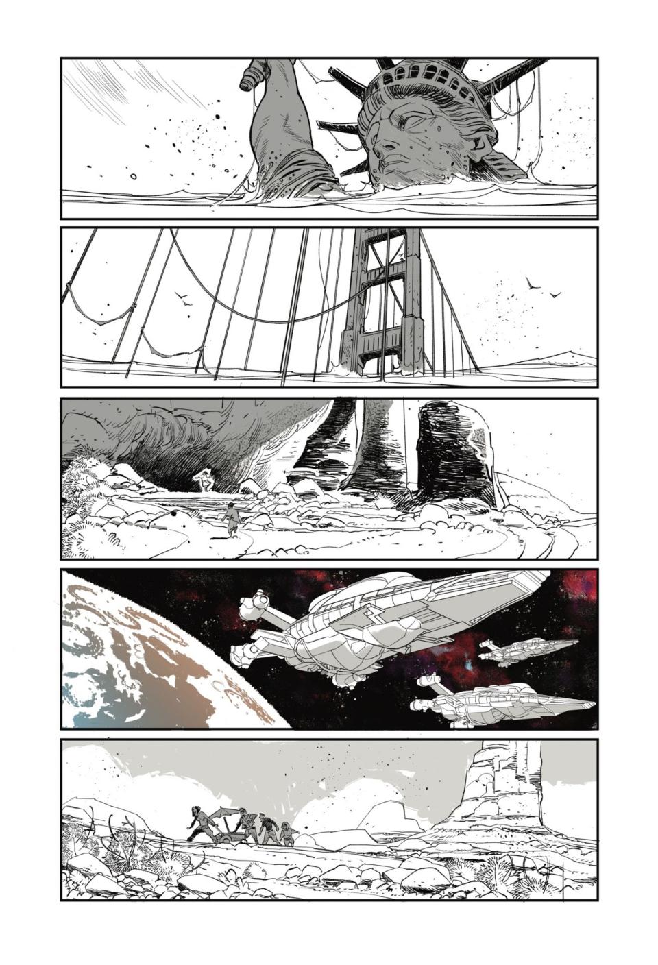 A page from Earthdivers #1 shows a ship on the sea and ship in space