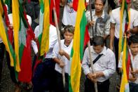 People who oppose the amending of Myanmar's constitution gather at a rally in Yangon