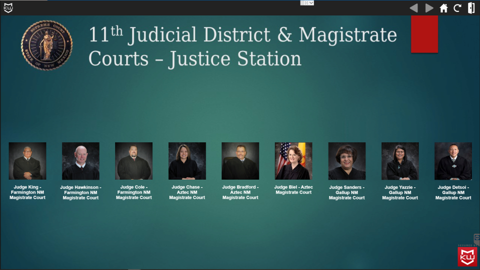 The display on a justice station computer monitor. Members of the public touch the screen or click a mouse to select the judge and court for their virtual hearing, then will find themselves connected to it.