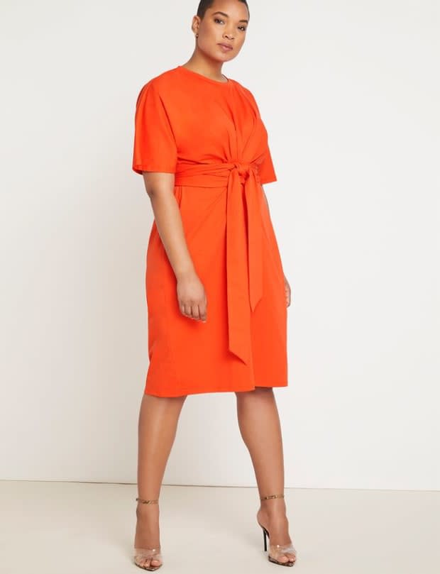 <p>Eloquii Cross Front Flutter Sleeve Dress, $99.95, <a href="https://rstyle.me/+li8A86-f699Rib4Ms6lvSQ" rel="nofollow noopener" target="_blank" data-ylk="slk:available here;elm:context_link;itc:0;sec:content-canvas" class="link ">available here</a> (sizes 14-28).</p>