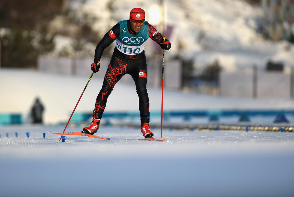 PYEONGCHANG-GUN, SOUTH KOREA - FEBRUARY 16:  Pita Taufatofua of Tonga approaches the finish line during the Cross-Country Skiing Men's 15km Free at Alpensia Cross-Country Centre on February 16, 2018 in Pyeongchang-gun, South Korea.  (Photo by Matthias Hangst/Getty Images,)