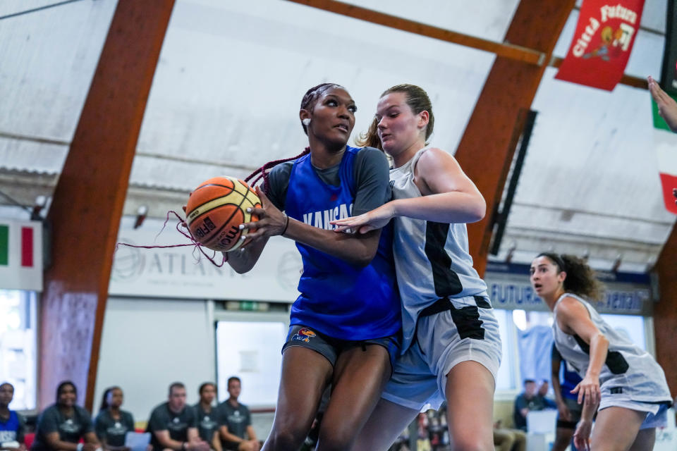 Taiyanna Jackson competes for Kansas women's basketball during its exhibition game in Italy in Aug. 2023.