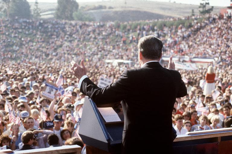 Late US president Ronald Reagan addresses supporters at an electoral meeting in November 1984, a few days before the american presidential election