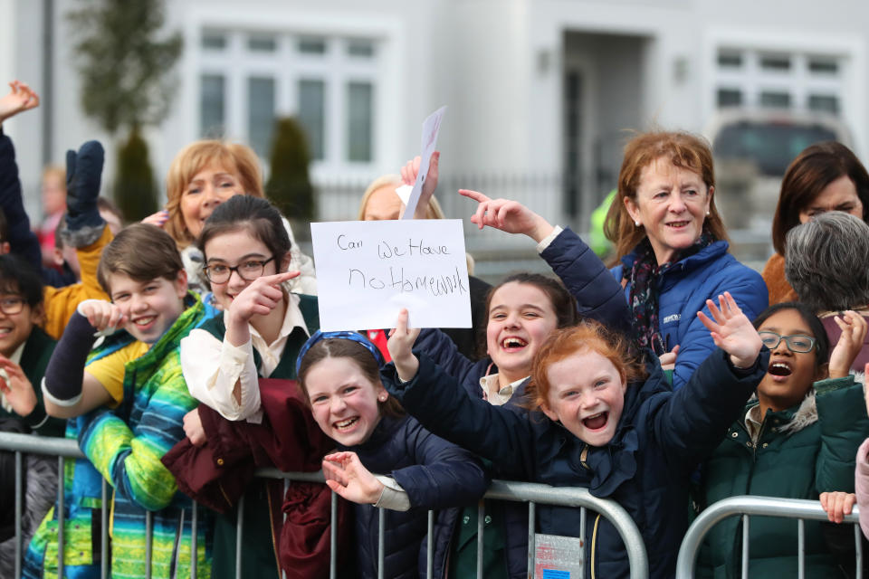 Children gather outside Salthill Knocknacarra GAA Club in Galway, as they await the arrival of the Duke and Duchess of Cambridge for a visit to the club to learn more about traditional sports during the third day of their visit to the Republic of Ireland. PA Photo. Picture date: Thursday March 5, 2020. See PA story ROYAL Cambridge. Photo credit should read: Niall Carson/PA Wire 