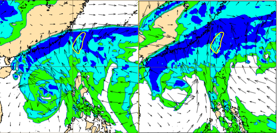 最新(29日20時)歐洲中期預報中心(ECMWF)模式模擬顯示，下週三(12月4日) 20時強「垂直風切」將700百帕水氣往台灣輸送(左圖)。下週四(12月5日)20時水氣籠罩全台(右圖)。（圖取自「三立準氣象·老大洩天機」專欄）