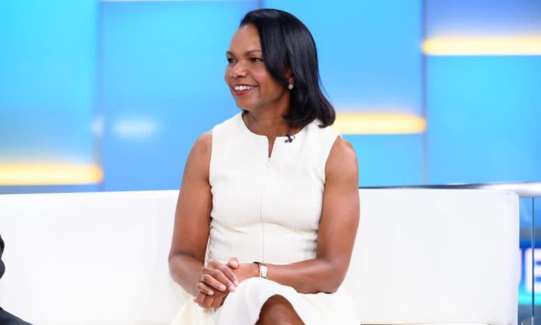Former U.S. Secretary Of State Condoleeza Rice sits for a television appearance.