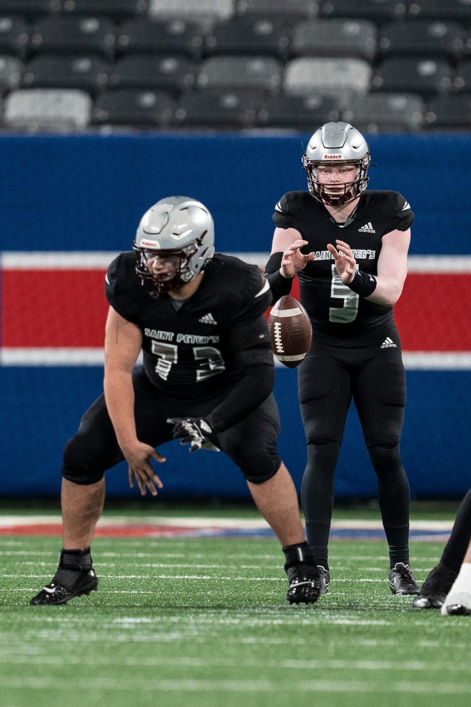 Don Bosco plays St. Peter's Prep in a football game at MetLife Stadium East Rutherford, NJ on Friday September 30, 2022. SPP #73 Nick Schoen and SPP #5 Champ Long.