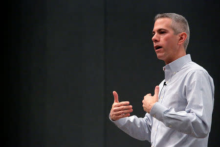 Democratic New York State Assembly member and congressional candidate Anthony Brindisi addresses attendees during a town hall style meeting at Colgate University in Hamilton, New York, U.S., April 8, 2018. REUTERS/Andrew Kelly