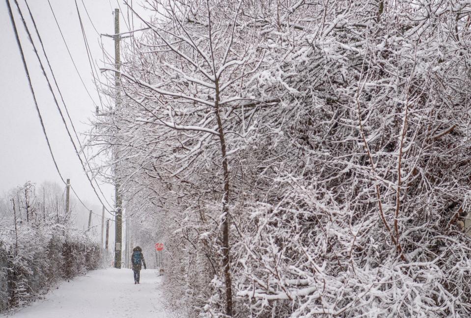 A person wearing a backpack walks through the large flakes along the path near Pete Ellis Drive on Friday, Jan. 25, 2023.