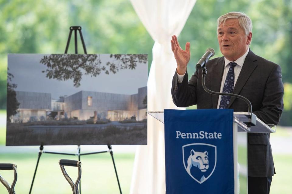 Penn State President Eric Barron speaks during a groundbreaking ceremony for Penn State’s Palmer Museum of Art on Friday, Aug. 10, 2021.