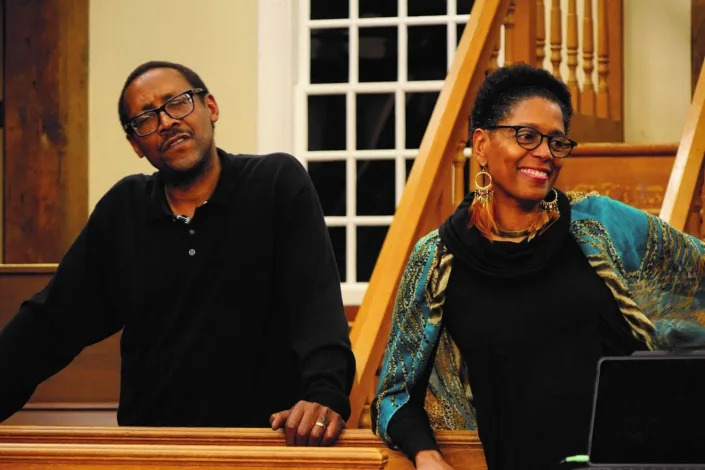 “Coming Black to Cape Cod – Black History of Cape Cod (Underground Railroad to Present)” was performed June 19, 2021, for Juneteenth, by Robin Joyce Miller, right, and James Walter Miller at Cotuit Center for Arts.
