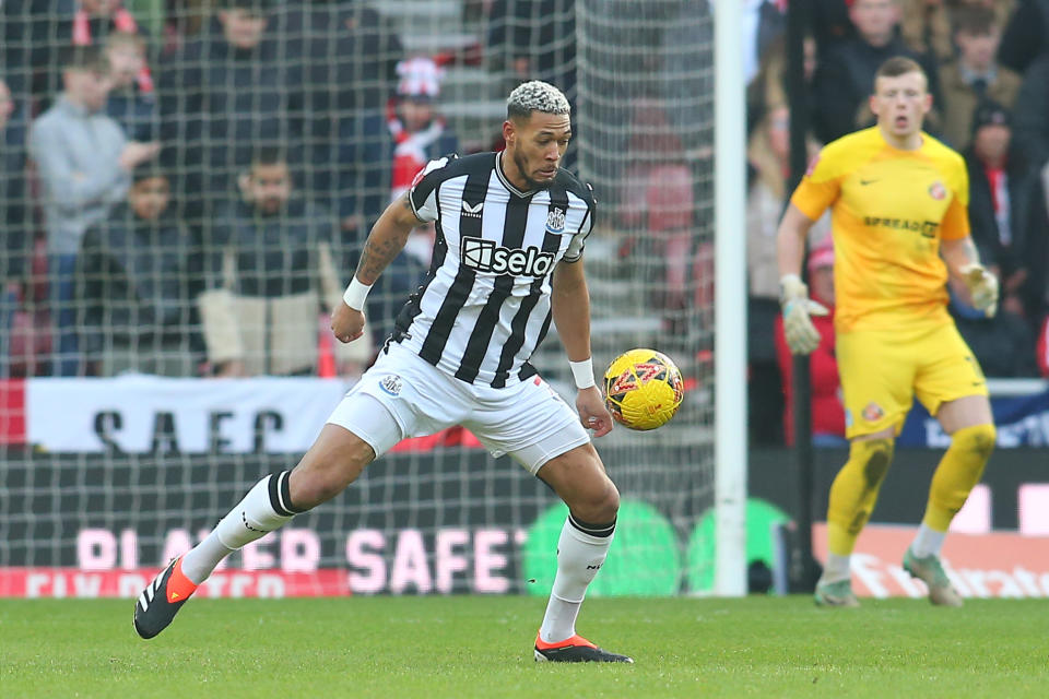 Joelinton of Newcastle United is playing in the FA Cup Third Round match against Sunderland at the Stadium of Light in Sunderland, on January 6, 2024. (Photo by MI News/NurPhoto via Getty Images)