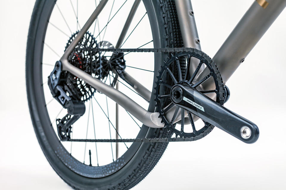 closeup details of triton aveiro 3d titanium gravel bike