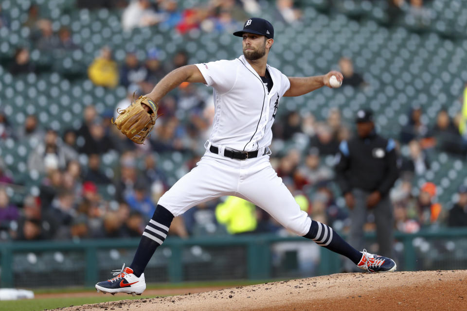 Detroit Tigers pitcher Daniel Norris throws to a Los Angeles Angels batter during the second inning of a baseball game in Detroit, Tuesday, May 7, 2019. (AP Photo/Paul Sancya)