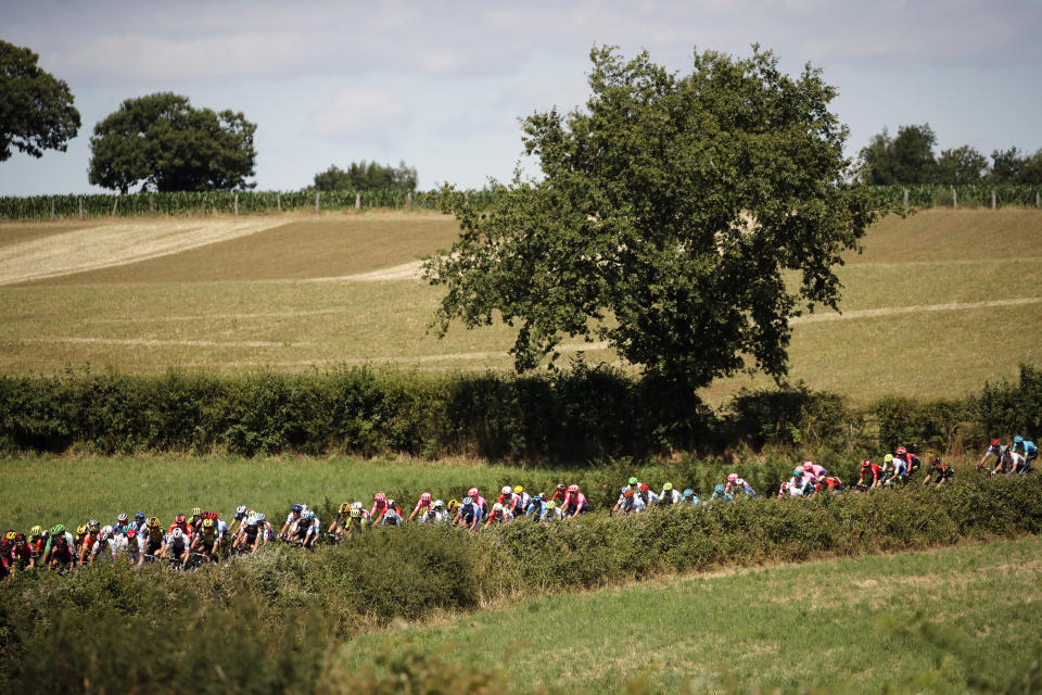 The pack rides during the tenth stage of the Tour de France cycling race over 217 kilometers (135 miles) with start in Saint-Flour and finish in Albi, France, Monday, July 15, 2019. (AP Photo/ Christophe Ena)