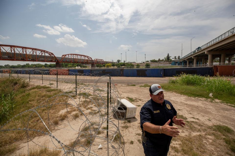 Texas Border Czar Mike Banks visits Shelby Park in Eagle Pass, Texas where the Texas National Guard has set up infrastructure to prevent asylum seekers from entering U.S. territory on April 16, 2024.