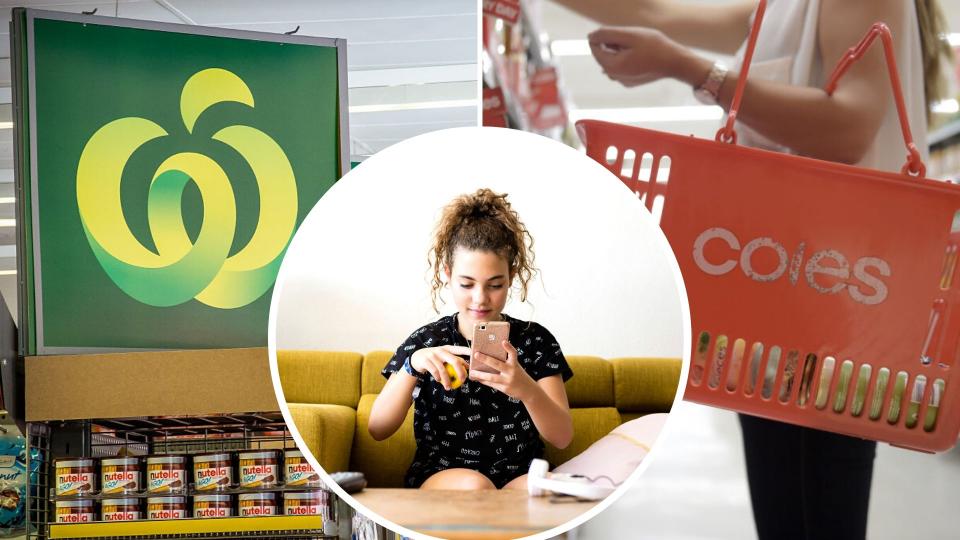 Pictured, Coles and Woolworths logos, young woman on phone. Images: Getty