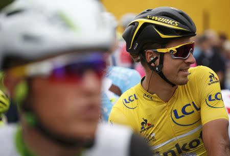 Cycling - Tour de France cycling race - The 237.5 km (147.5 miles) Stage 4 from Saumur to Limoges, France - 05/07/2016 - Yellow jersey leader Tinkoff rider Peter Sagan of Slovakia prepares to start the stage. REUTERS/Juan Medina