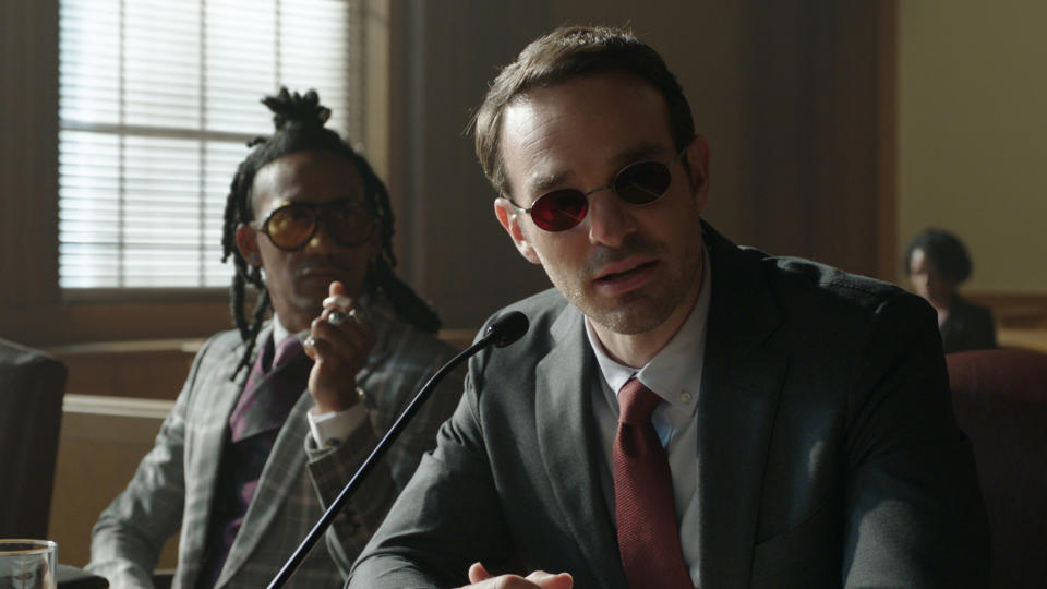 Matt Murdock answers an off-camera Jennifer Walters in a courtroom in She-Hulk's TV show