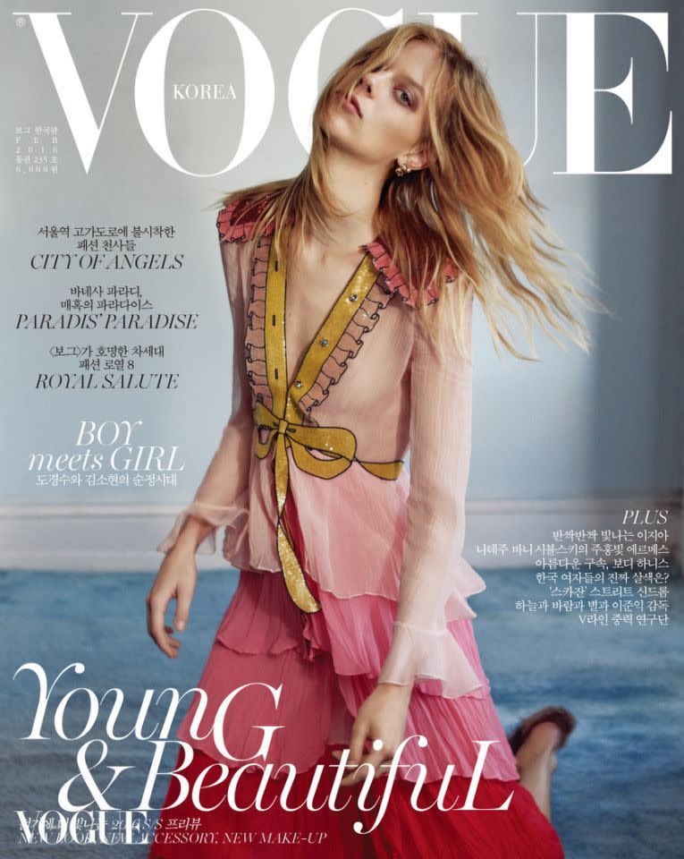 Lexi Boling auf dem Cover der Vogue Korea vom Februar 2016. Sie trägt Gucci Look 20 der Frühjahrskollektion 2016.