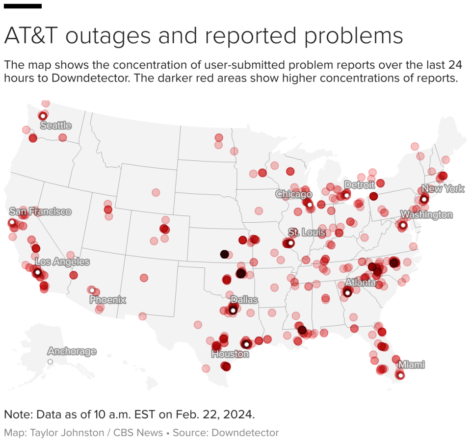 United states cluster map showing concentration of user-submitted problem reports over the last 24 hours to Downdetector.com.