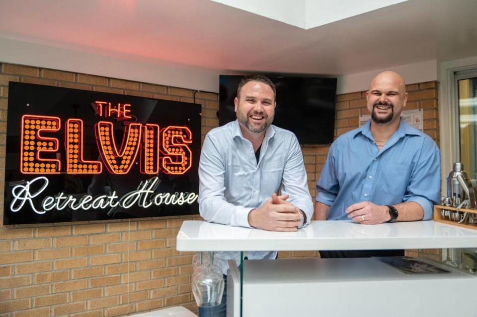 Chris Bingham, left, and Cody Bellah are two of the four owners of the new Elvis Retreat House, an Airbnb in Independence. The four friends remodeled and redecorated the once-private home themselves over the last four months.