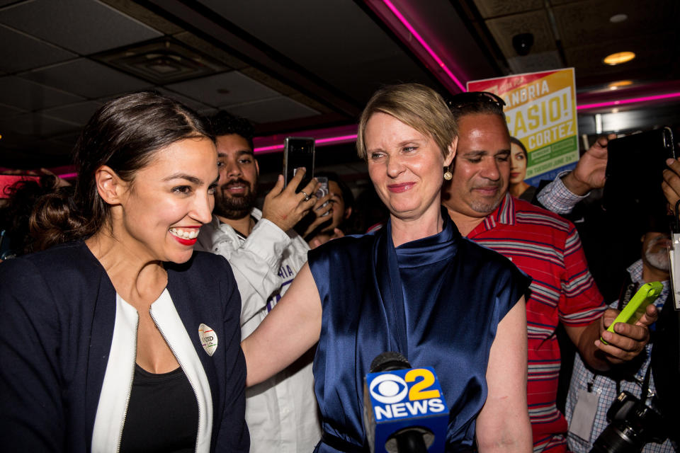 Alexandria Ocasio-Cortez celebrates her surprise victory Tuesday night with New York gubernatorial candidate Cynthia Nixon. (Photo: Scott Heins via Getty Images)