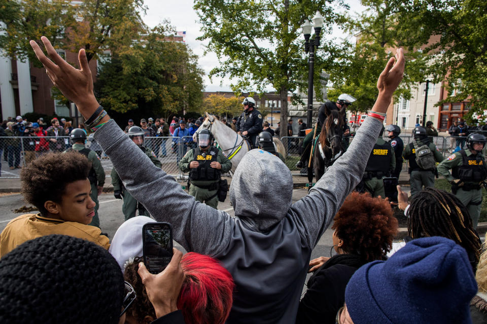 <p>Counter-protesters demonstrate against a “White Lives Matter” rally on Oct. 28, 2017 in Murfreesboro, Tenn. Tennessee Gov. Bill Haslam said state and local law enforcement officials would be out “in full force” for the two white nationalist rallies. The event billed as a “White Lives Matter” rally is hosted by Nationalist Front, which is a coalition of several white supremacist organizations. (Photo: Joe Buglewicz/Getty Images) </p>