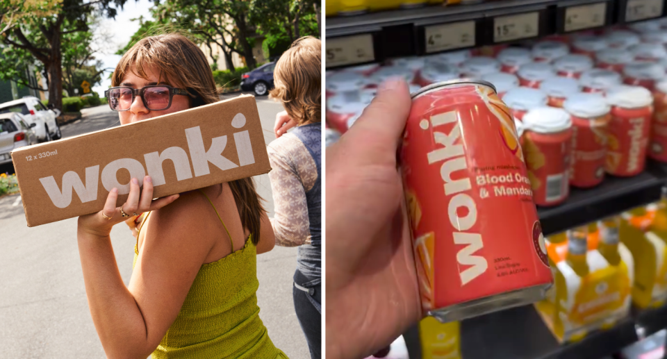 Bridget holding a Wonki can next to a Wonki can being found in a Dan Murphy's store