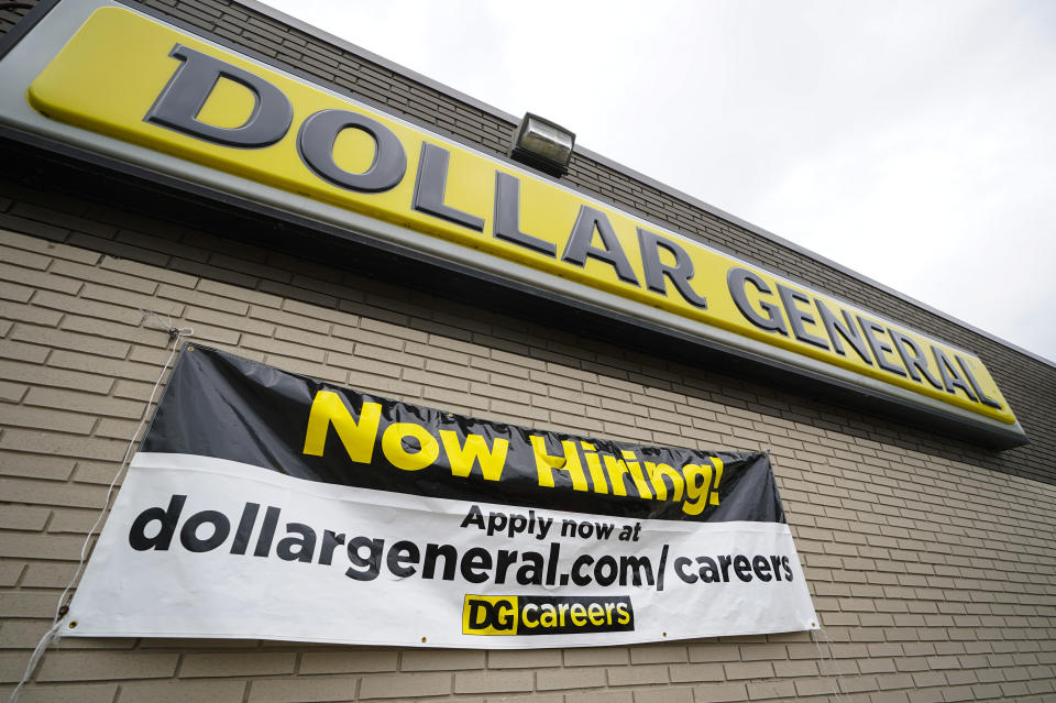 A help wanted sign is displayed at the Dollar General store in Cicero, Ind., Wednesday, Sept. 2, 2020. (AP Photo/Michael Conroy)