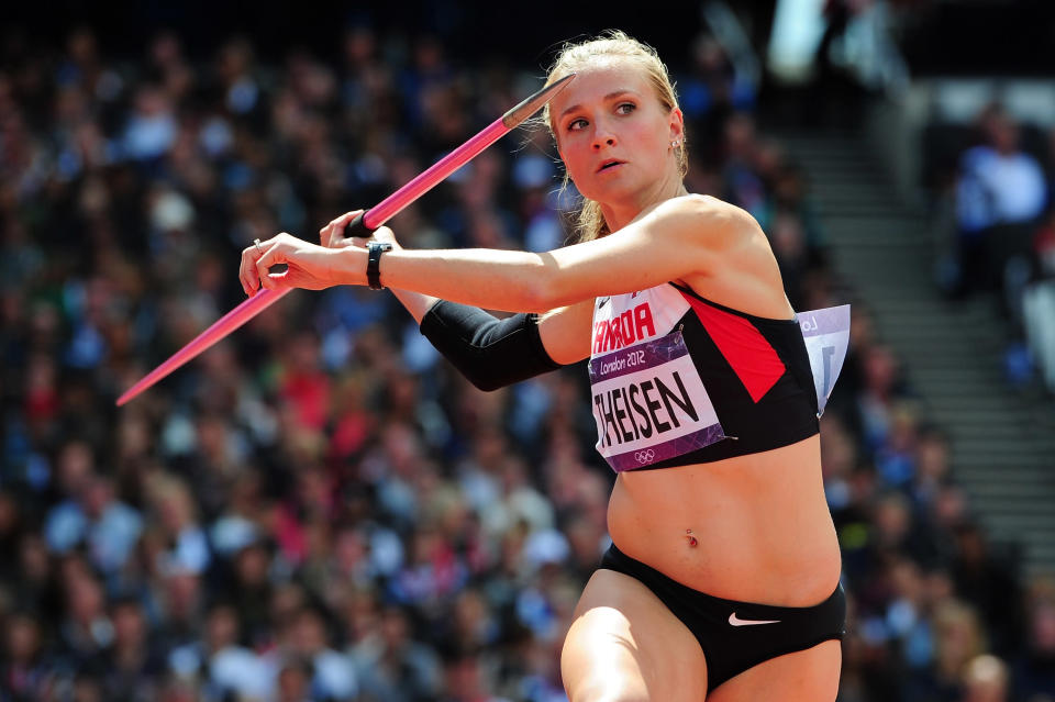 LONDON, ENGLAND - AUGUST 04: Brianne Theisen of Canada competes in the Women's Heptathlon Javelin Throw on Day 8 of the London 2012 Olympic Games at Olympic Stadium on August 4, 2012 in London, England. (Photo by Stu Forster/Getty Images)