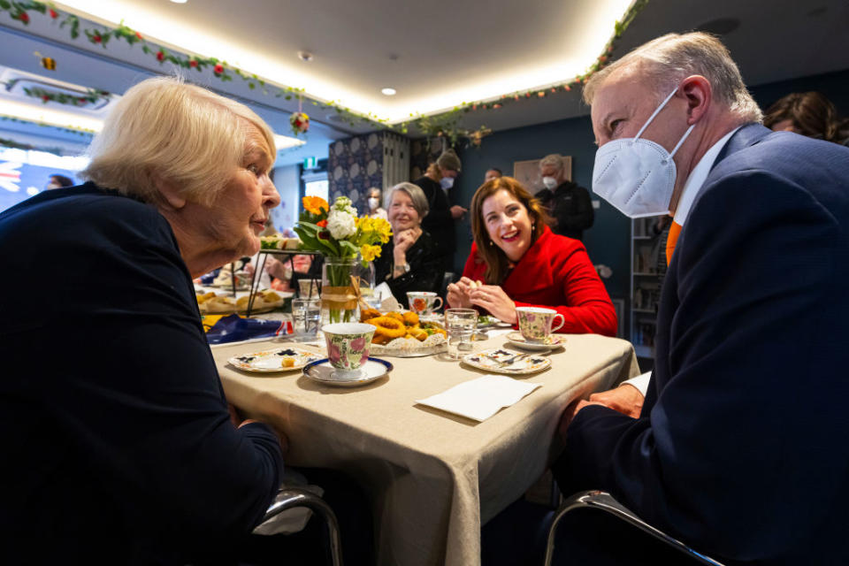 Prime Minister Anthony Albanese and Anika Wells dine with aged care residents on August 15, 2022. Source: Getty