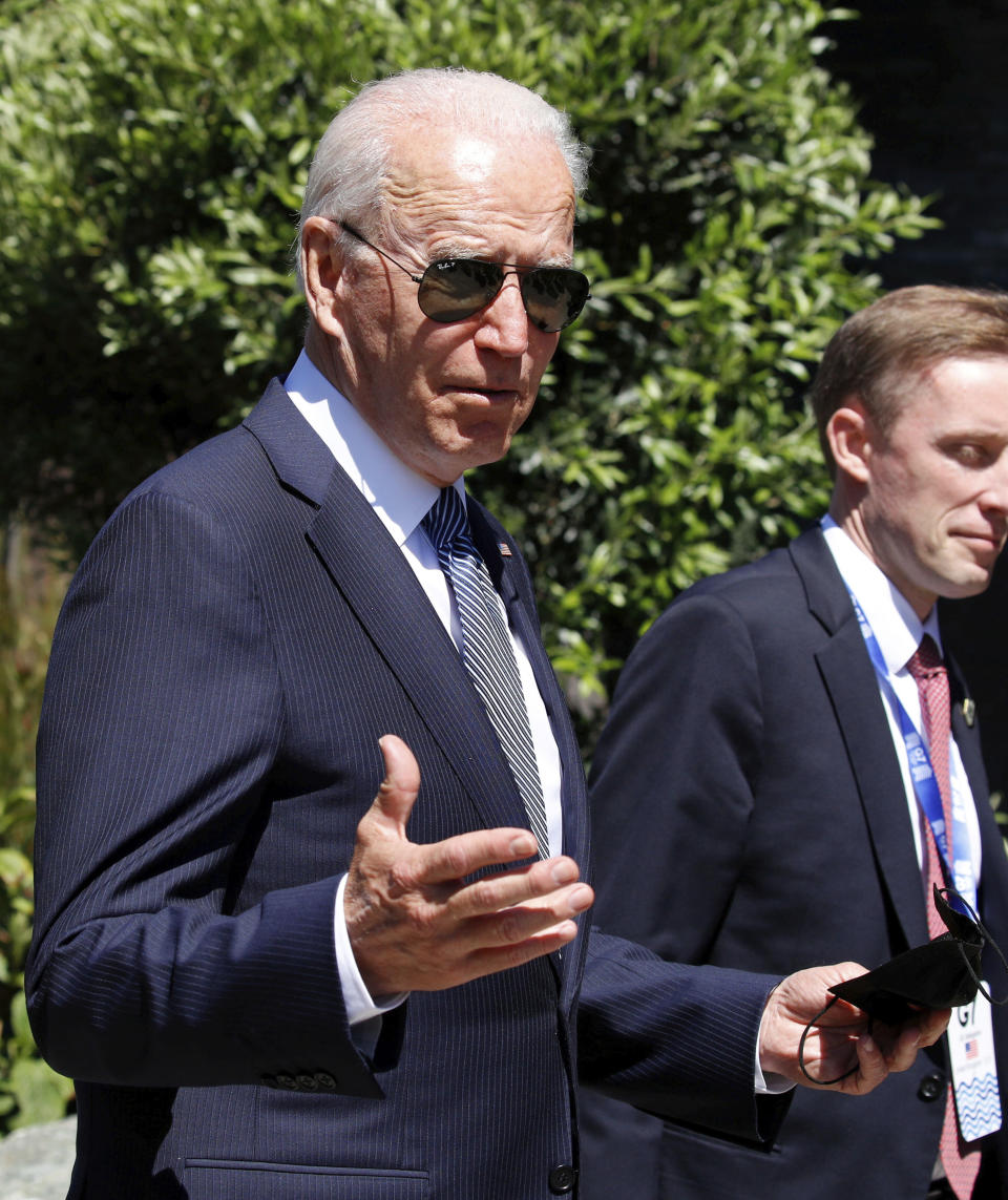 U.S. President Joe Biden arrives to attend a plenary session, during the G7 summit in Carbis Bay, England, Sunday June 13, 2021. (Phil Noble/Pool via AP)