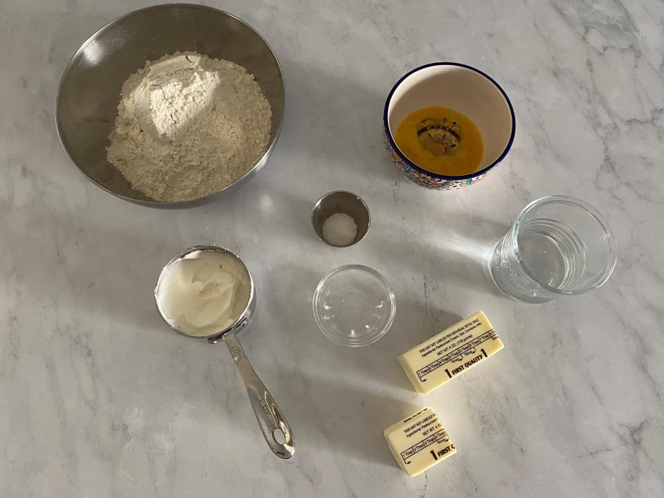Ingredients for Ree Drummond's pecan pie, flour, sugar, butter.